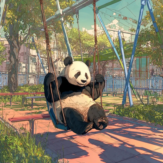 Panda on a Swing in a Childrens Park