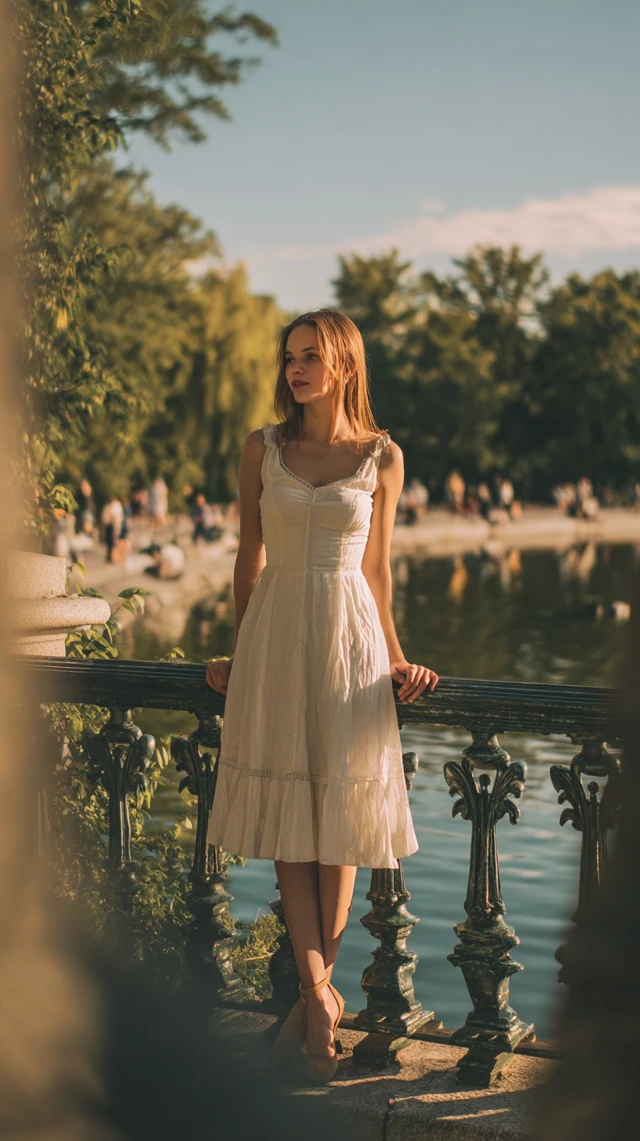 Blonde Woman in White Dress on Bridge Over Lake