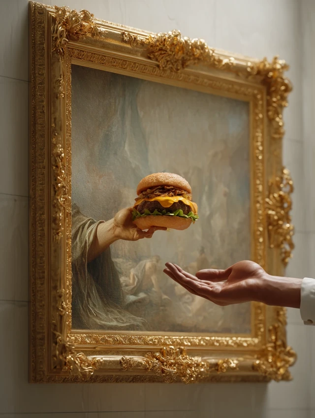 Artful Burger: Baroque Frame Meets Modern Feast