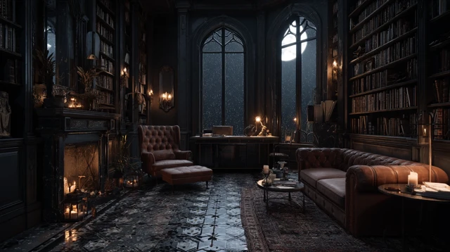Cozy Gothic Library Night Time Scene