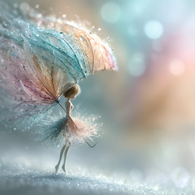 Cute Angel Girl with Floating Umbrella in the Breeze