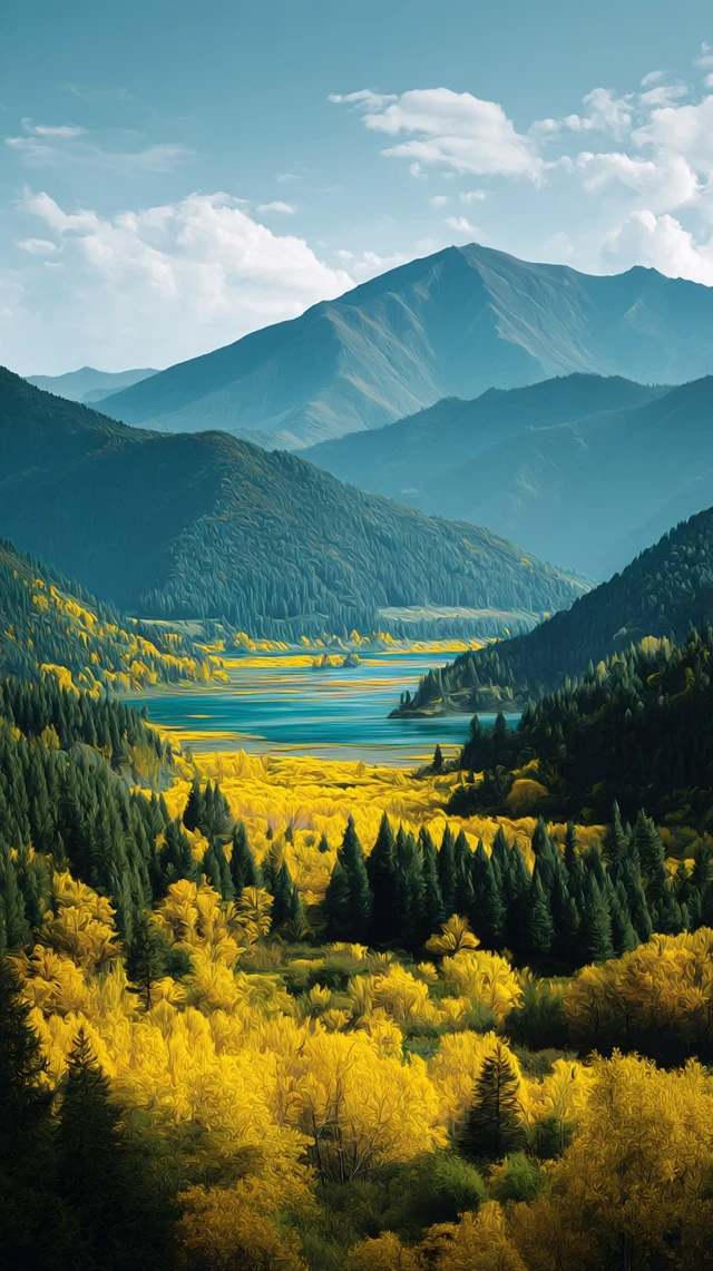 Ginkgo Forest Landscape with Mountains and Water