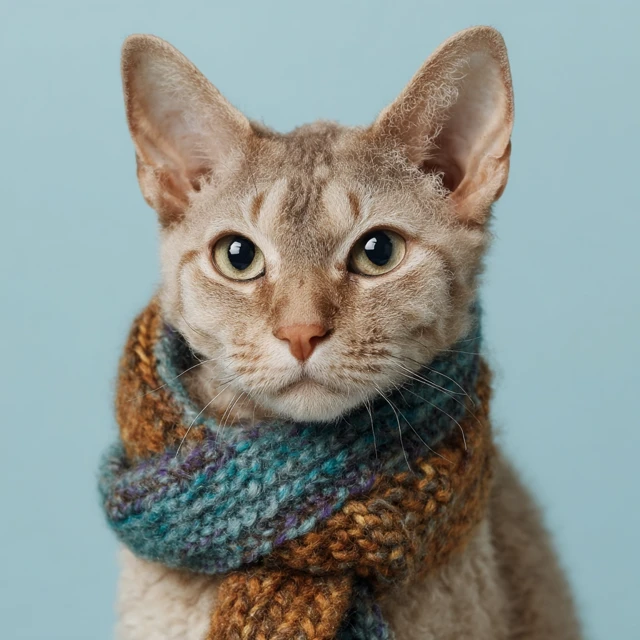 Sad Angry Cornish Rex Cat in Scarf