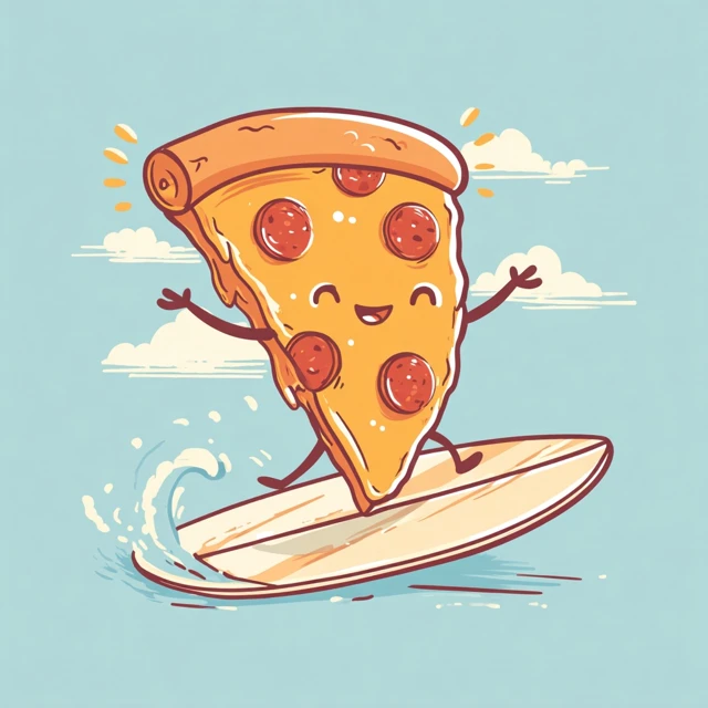 Cute Pizza Surfing Cartoon Illustration