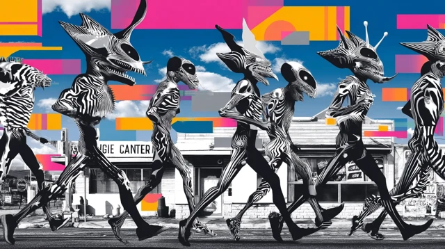 Alien Parade Marching to Burger Joint Art
