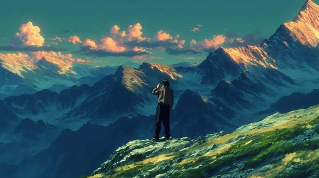 Anime Man on Mountain Adventure Dramatic Scenery