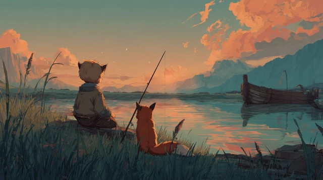 Anime Sunset Fox Fishing by the River