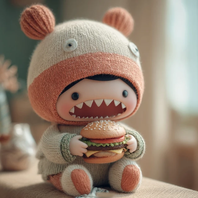 Labubu Doll Eating Burger Cute Toy