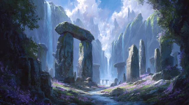 Stonehenge Fantasy Landscape Waterfalls Valley