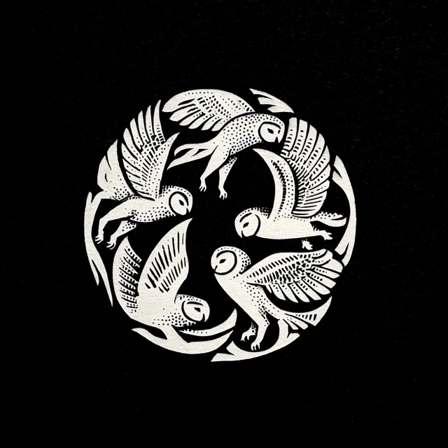 Owl Engraving: Circular Flight of Owls Illustration