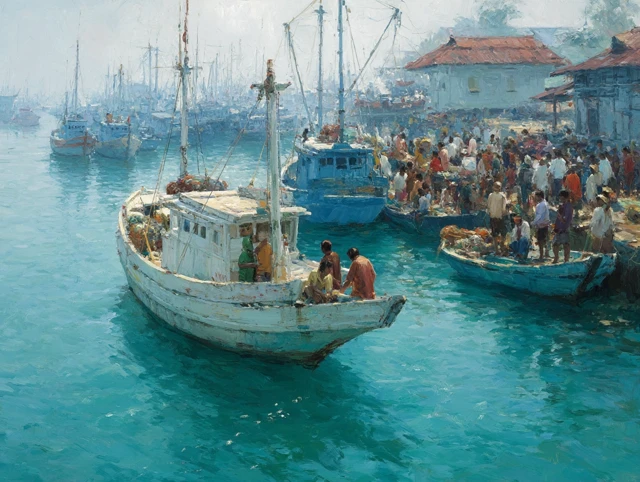 Indonesian Fishing Boats in Port A Photorealistic Scene