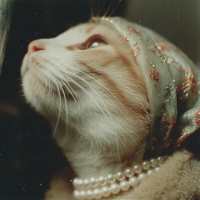 Cat in Headscarf Pearls Fashion Photography