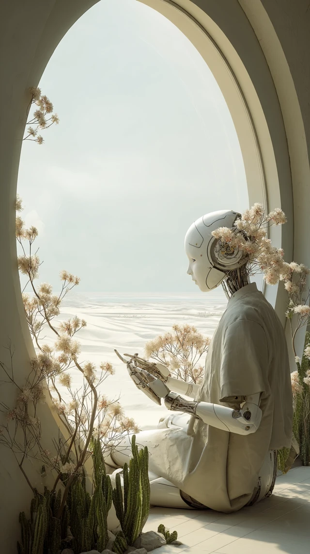 SciFi Robot Researching Alien Plant Minimalist Room