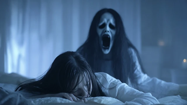 Ghostly Figure Haunts Sleeping Woman in Eerie Scene