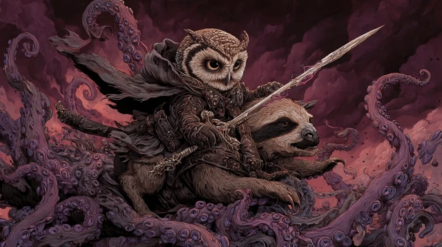 Owl Octopus Sloth Fantasy Battle Art