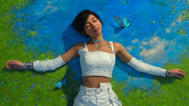 Woman in White Dress Relaxing in a Meadow with Butterflies