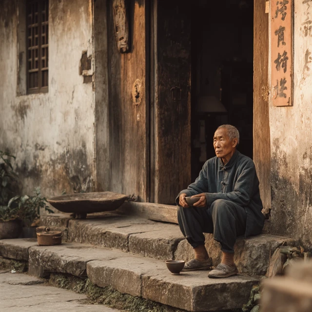 Old Chinese Man Enjoying Tea