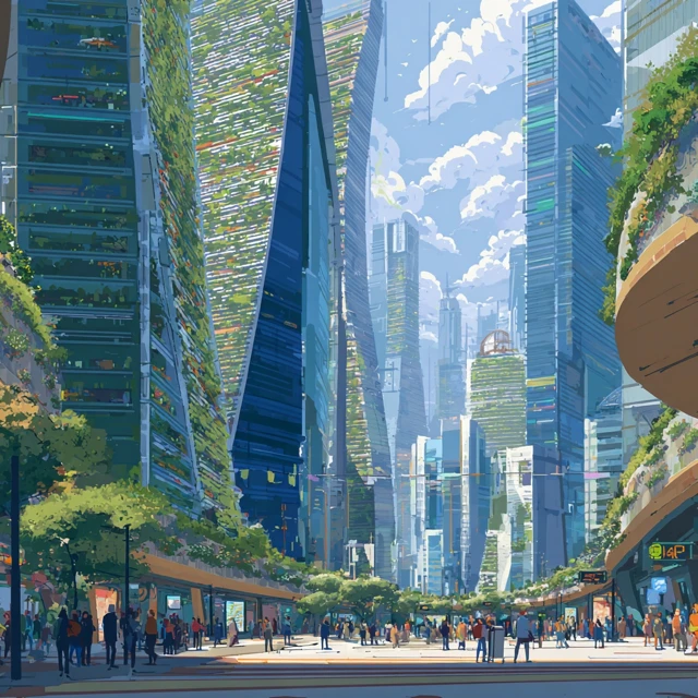 Futuristic City Skyline Green Skyscrapers Concept Art