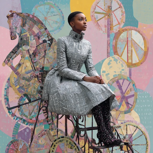 Black Woman in Coat Dress on Pastel Carousel