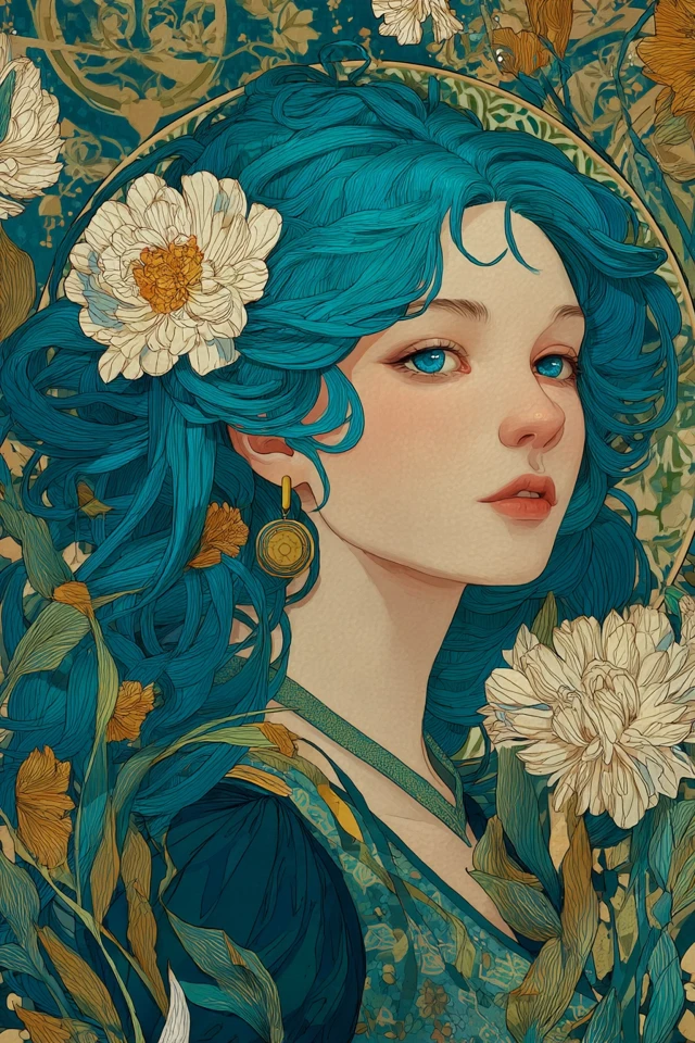 Art Nouveau Woman with Blue Hair and Flowers