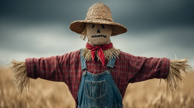Scarecrow in Wheat Field Harvest Season Stock Photo
