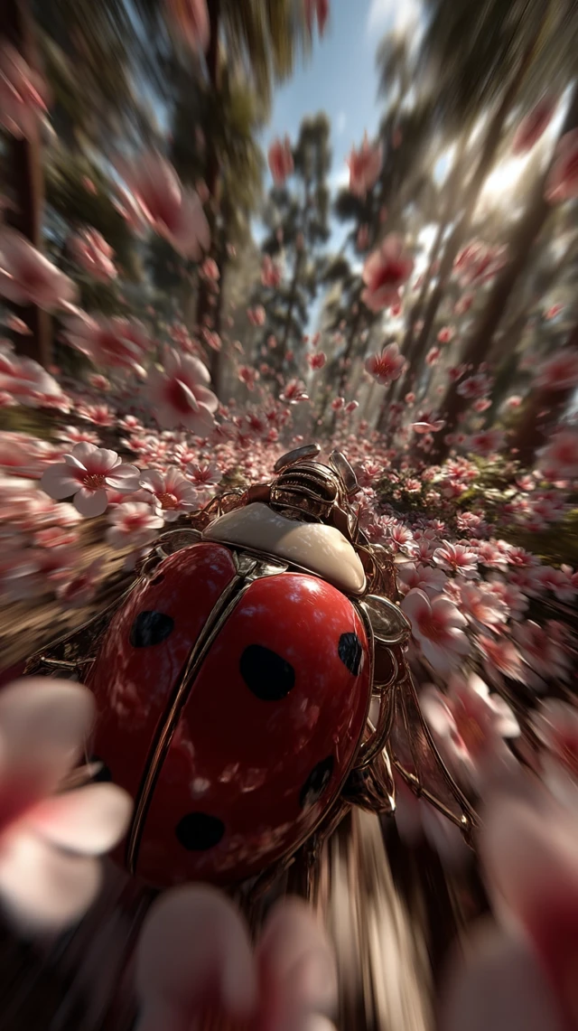 Ladybug Flight Through a Flower Forest