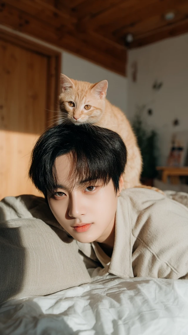 Korean Idol and Kitten: Adorable Photo with Cinematic Lighting