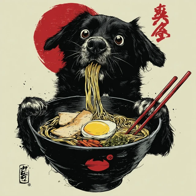 Dog Eating Ramen Illustration - Quirky Cartoon Art