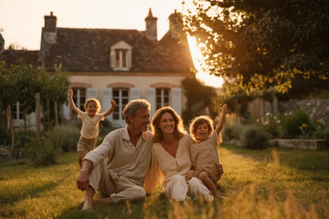 Family Sunset in Countryside Home Peaceful Moment