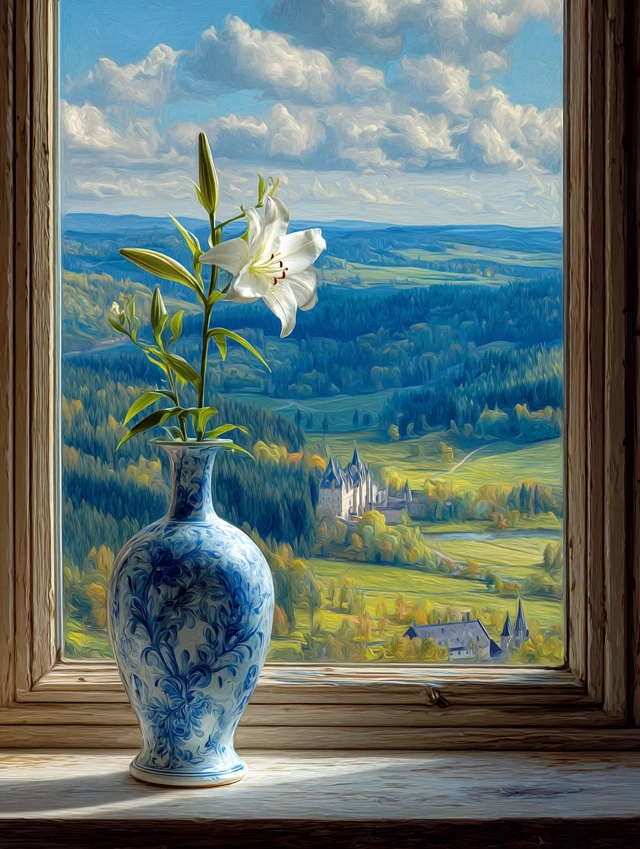 Easter Lily Painting: Vintage Vase and Countryside View