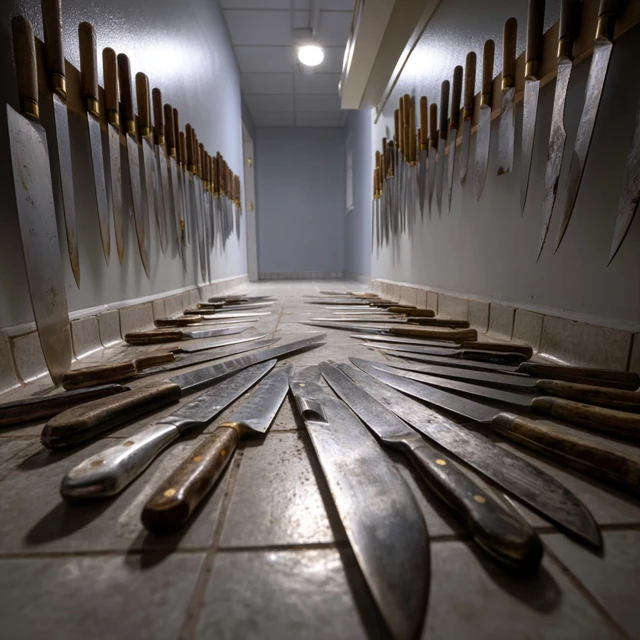 Kitchen Knives Scattered Low Angle View