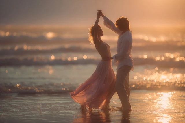Couple Dances on Beach at Sunset Romantic Photography