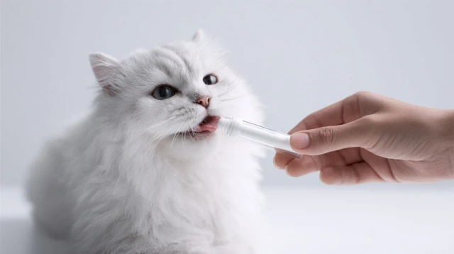 Happy Cat Eating Churu Supplement Hyperrealistic Photo