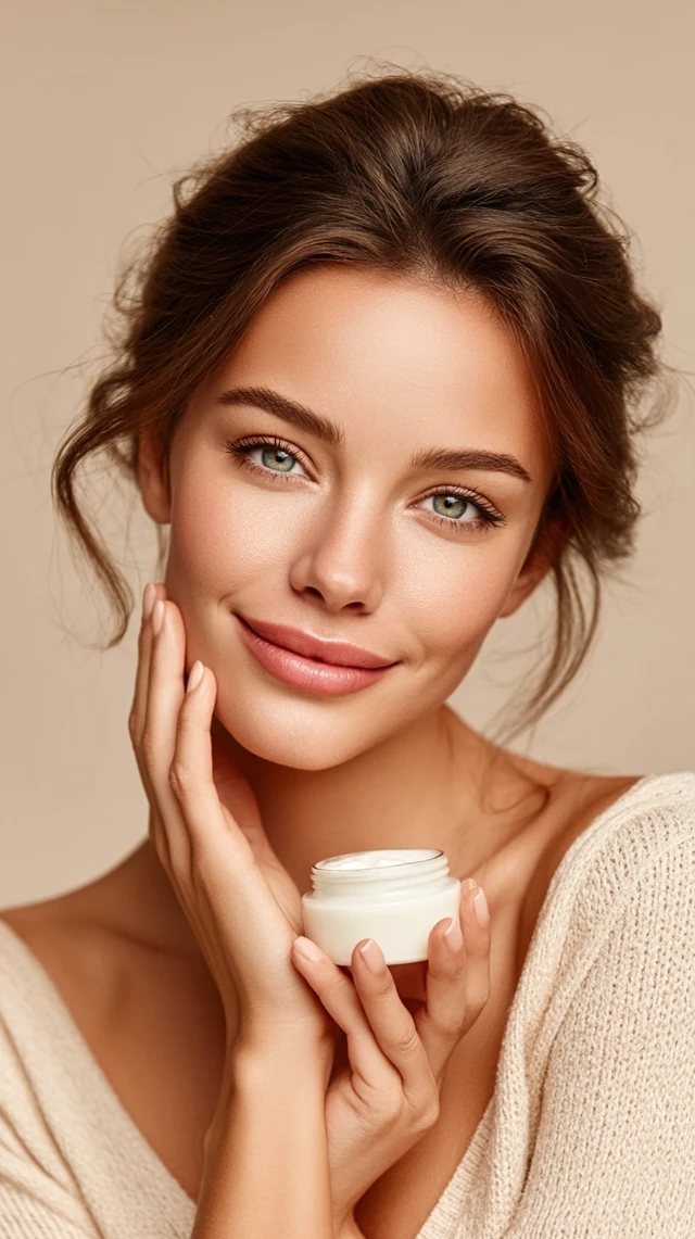 Beautiful Girl Using Face Cream Skincare Portrait