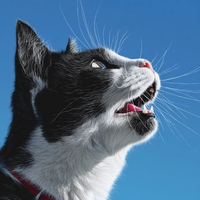 Excited Tuxedo Cat Profile Against Blue Sky