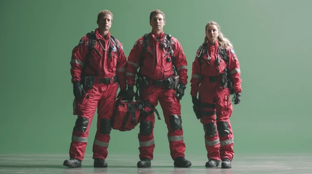 Paramedics in Red Uniforms Standing on Standby