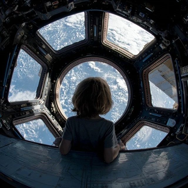 Child Astronaut on ISS Cupola View Earth