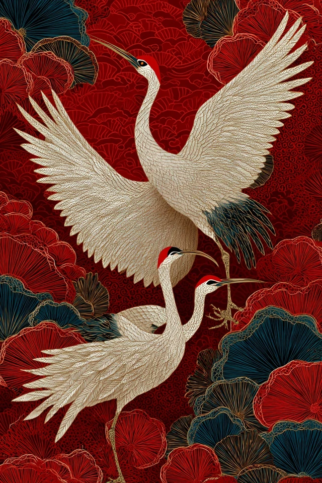 Retro Japanese Crane Art Kimono Pattern Wallpaper