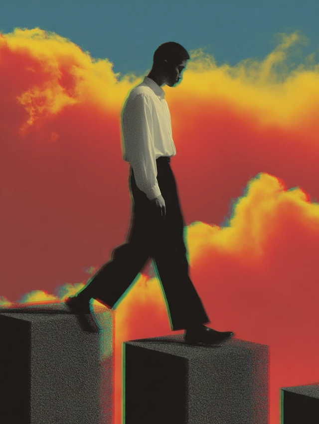 Man Walking Between Cubes Surreal 90s Aesthetic