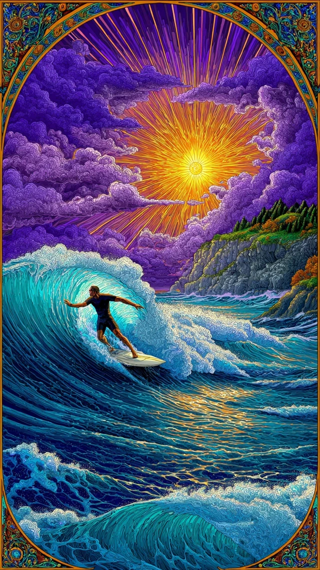 Surfer Riding Wave Art Nouveau Style