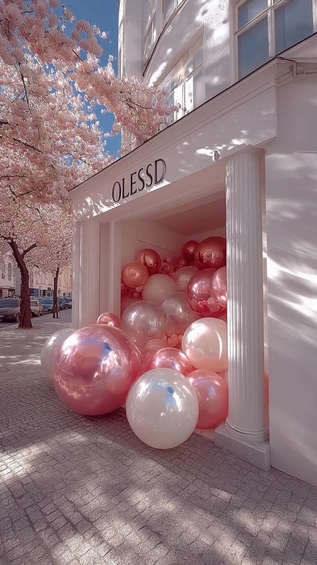 Storefront with Balloons and Cherry Blossoms