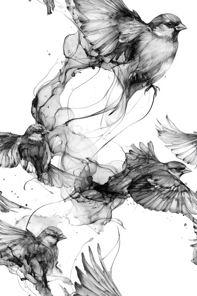 Flying Birds Alcohol Ink Art Greyscale Artistic