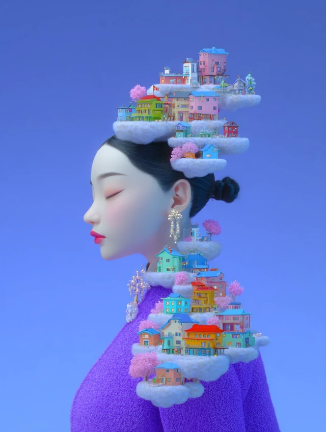 Dreamy Asian Woman Profile with Floating City