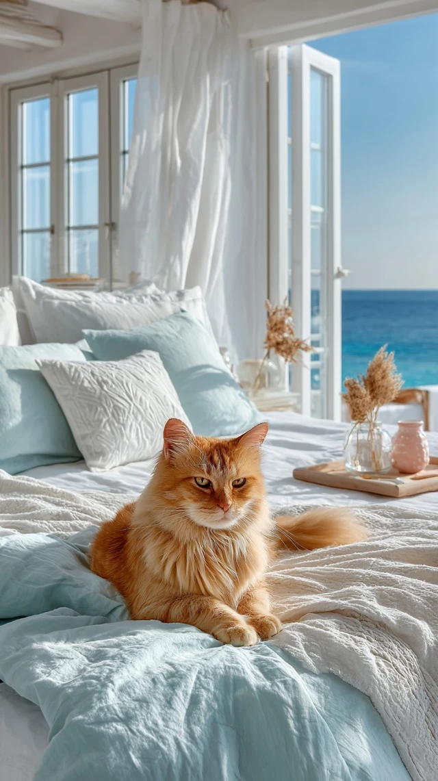 Cozy Bedroom with a Cat and Ocean View