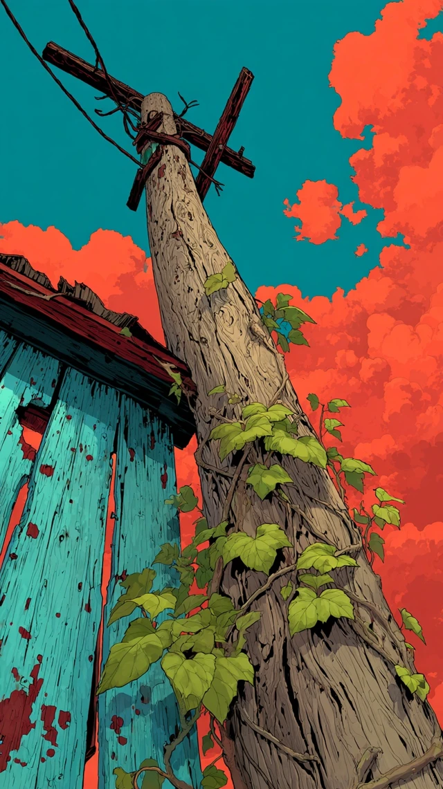 Anime Illustration of a Weathered Pole and Vines