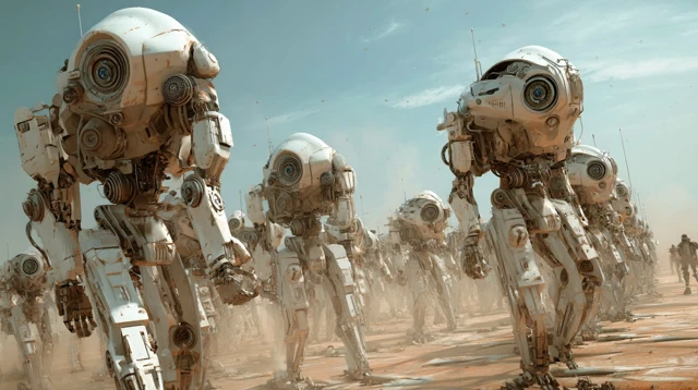 Futuristic Android Army Threatening Humans