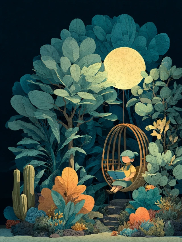 Girl Reading Under Moonlight Illustration