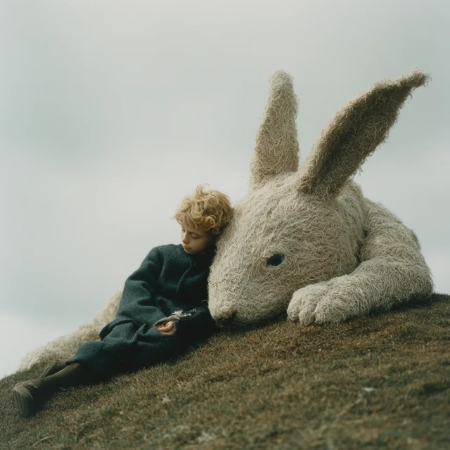 Giant Rabbit and Child Napping on a Hill