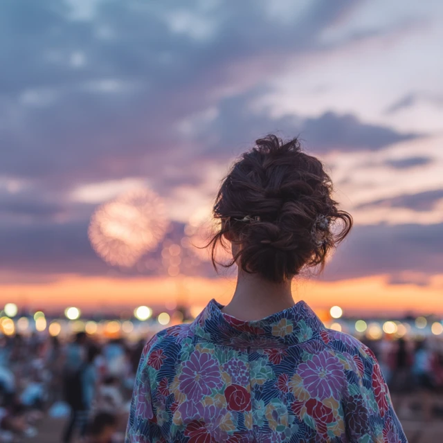 Japanese Woman at Summer Festival Fireworks