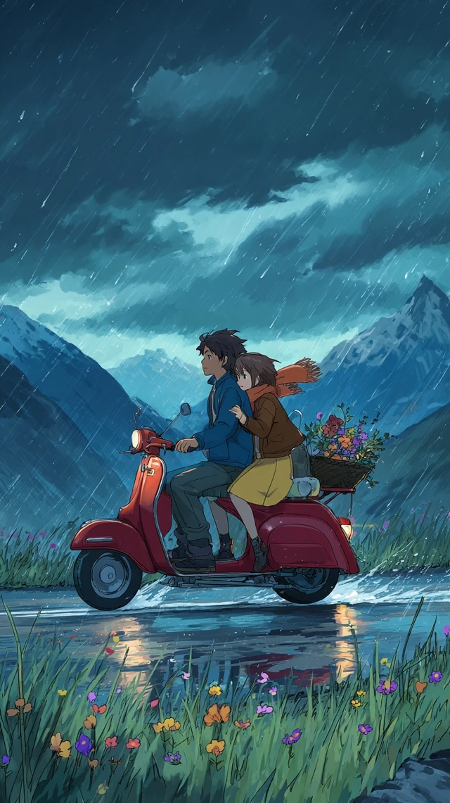 Anime Scooter Ride Rainy Night Romantic Landscape